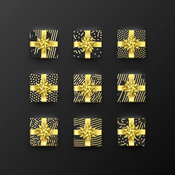 Christmas gift box New Year present in golden ribbon bow and wrapping paper wave foil gold pattern. Round gift box for Birthday or Christmas holiday greeting card design on black background - Vektor, kép