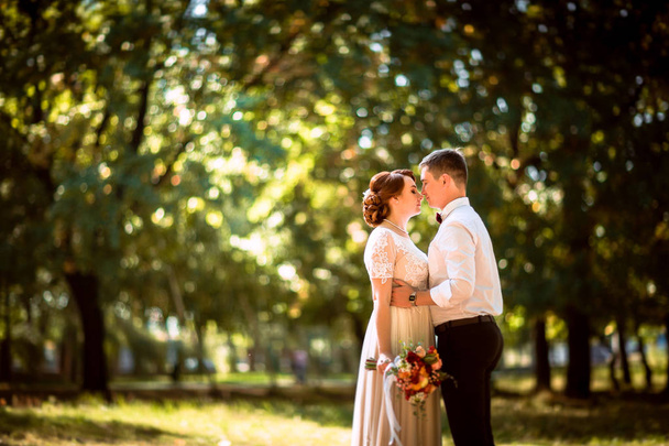 The bride and groom in the background of park trees - Фото, изображение