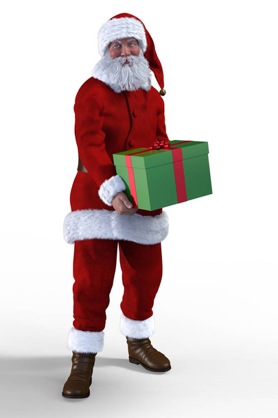 Santa Claus / Father Christmas holding a green gift box tied with a red satin bow - Photo, Image