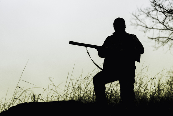 Silhouet van een jager met een pistool. Jacht - Foto, afbeelding