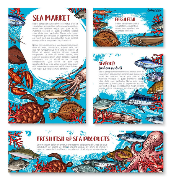 Cartazes de frutos do mar vetoriais de esboço peixe fresco
 - Vetor, Imagem