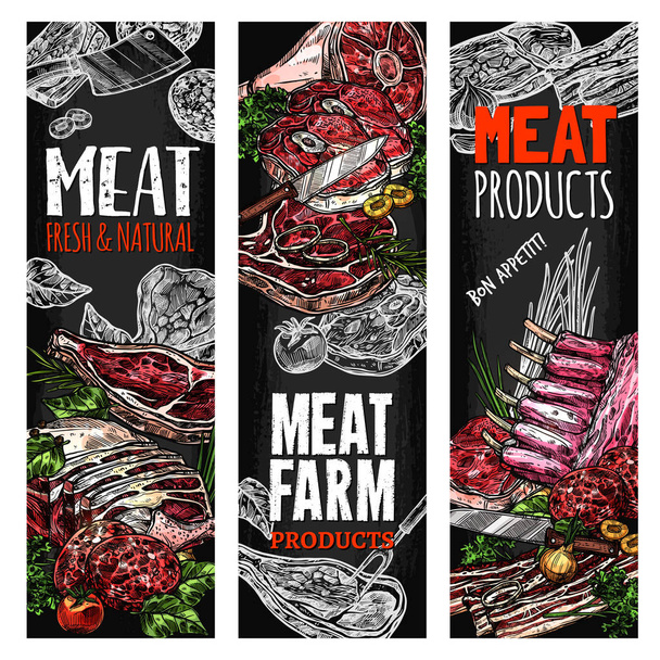 Vektorové skici maso farma čerstvých produktů bannery - Vektor, obrázek