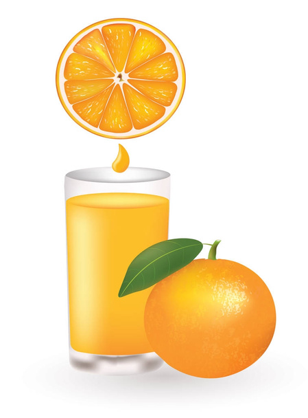 Met een verse sinaasappelen naast het glas sinaasappelsap - Vector, afbeelding