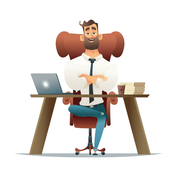 ビジネスマン起業家は彼のオフィスの机でパソコンに取り組んで。漫画スタイルのベクトル図です。職場のマネージャー。肘掛け椅子に坐っている人. - ベクター画像