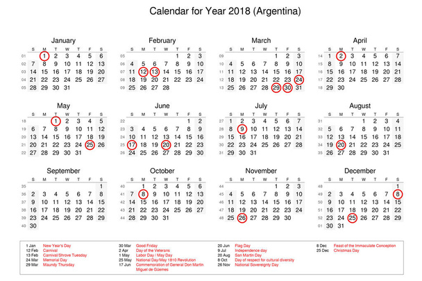 Jahreskalender 2018 mit Feiertagen und Feiertagen für - Foto, Bild