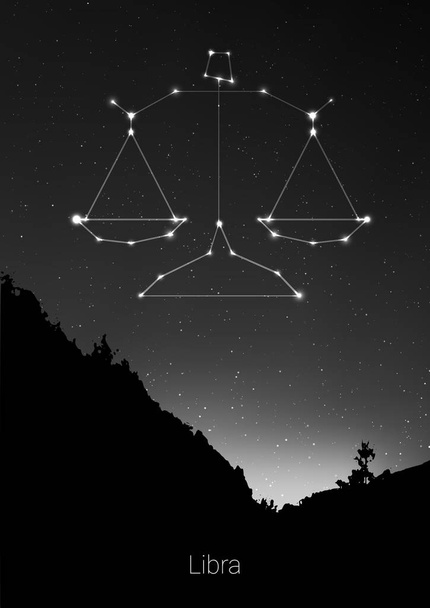 Libra zodiac constellations sign with forest landscape silhouette on beautiful starry sky with galaxy and space behind. Libra horoscope symbol constellation on deep cosmos background. Card design - Vetor, Imagem
