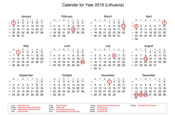 Jahreskalender 2018 mit Feiertagen und Feiertagen für - Foto, Bild
