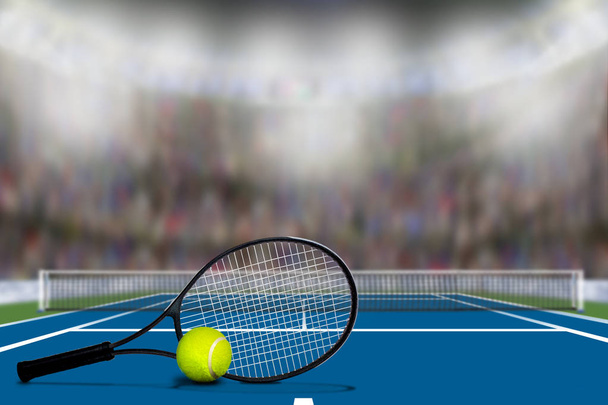 Tennisracket en bal op vaste baan met kopie ruimte - Foto, afbeelding