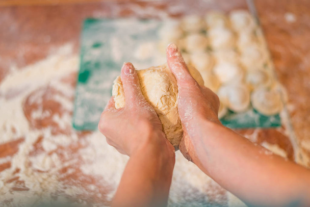 Female hands make home dumplings, close-up. - Fotografie, Obrázek