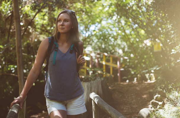 Woman with backpack in the forest. - 写真・画像