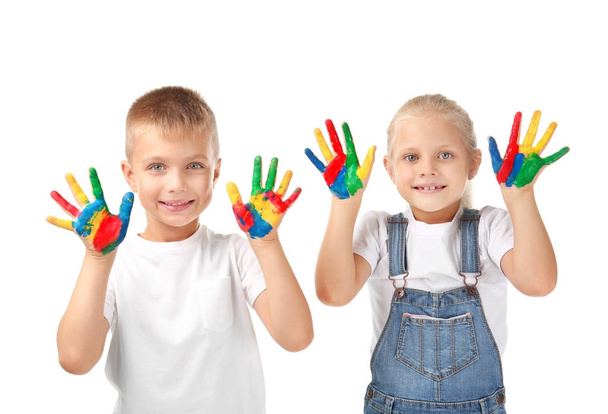 Cute little children with hands in paint on white background - Φωτογραφία, εικόνα
