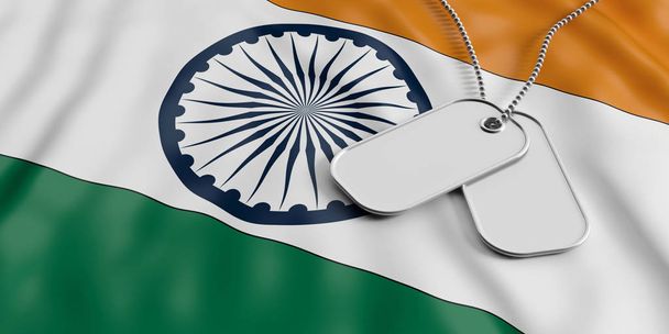 Indie koncepcja armii, identyfikacja Tagi na tle flagi Indii. ilustracja 3D - Zdjęcie, obraz