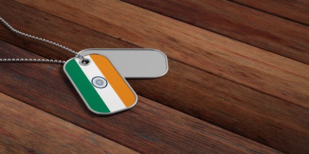 Koncepcja armii Indii, Indie flaga identyfikacji Tagi na podłoże drewniane. ilustracja 3D - Zdjęcie, obraz