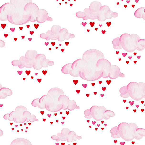 Watercolor baby shower pattern. Pink clouds on the white background. For design, print or background - Foto, imagen