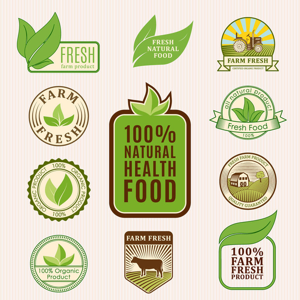 Luomu vegaani vektori logo etiketit terveellinen ruoka eko ravintola logo merkit luonto ruokavalio tuote kuva
 - Vektori, kuva