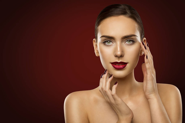 Woman Beauty Makeup, Fashion Model Dark Red Lipstick and Nails - Photo, Image