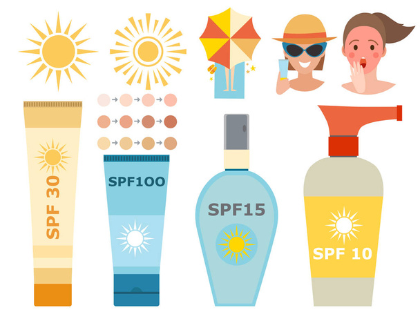 Fényvédő krém üveg vektor ikon sunblock kozmetikai nyári tároló cső panti-sun krém ackaging design. - Vektor, kép