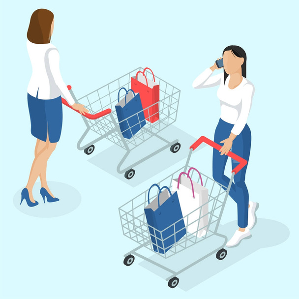 Young women with shopping cart.  - Vector, Image