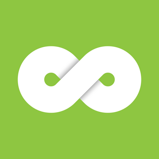 Εικονίδιο σύμβολο του απείρου. Αντιπροσωπεύει την έννοια της άπειρο, απεριόριστη και ατελείωτες δραστηριότητες. Απλό λευκό διάνυσμα στοιχείο σχεδίασης σε πράσινο φόντο - Διάνυσμα, εικόνα