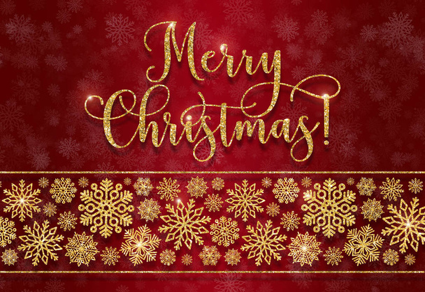 Greeting card with golden text on a red background. Glitter phrase Merry Christmas - Photo, Image