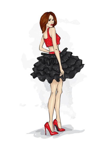 A beautiful slender girl with long legs in fashionable clothes. A model in a skirt, top and high-heeled shoes. Vector illustration. Clothing, accessories, fashion and style. - Vector, Image