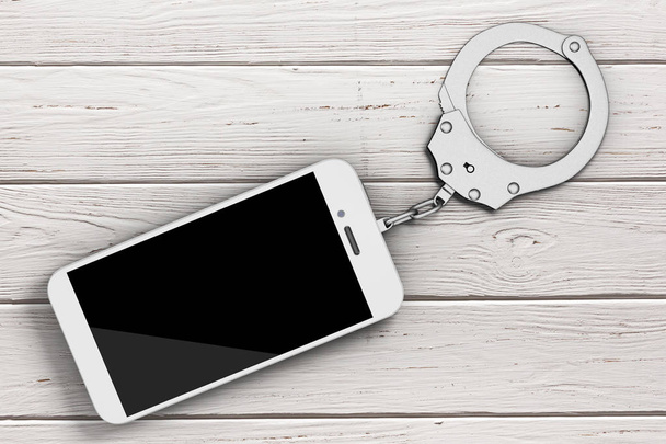 Мобильный телефон прикован к металлическим наручникам. 3D-рендеринг
 - Фото, изображение