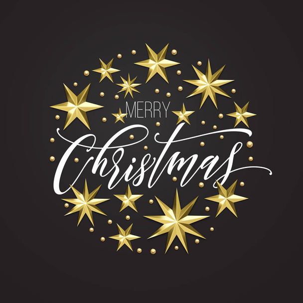 Merry Christmas golden decoration, hand drawn calligraphy font for greeting card or invitation on white background. Vector Christmas or New Year gold star and snowflake shiny winter holiday decoration - ベクター画像