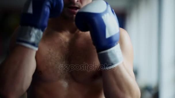 Man met bokshandschoenen, Boxing voor de camera close-up. Close-up van jonge man ponsen. Boxer presterende uppercut. - Video