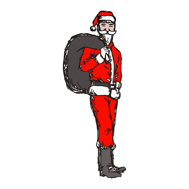 schlanke Weihnachtsmann mit großer Tasche auf dem Rücken Vektor Illustration Skizze Hand mit schwarzen Linien isoliert auf weißem Hintergrund gezeichnet - Vektor, Bild