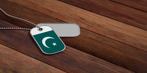 Koncepcja armii Pakistanu, Pakistan flagi identyfikacji Tagi na podłoże drewniane. ilustracja 3D - Zdjęcie, obraz