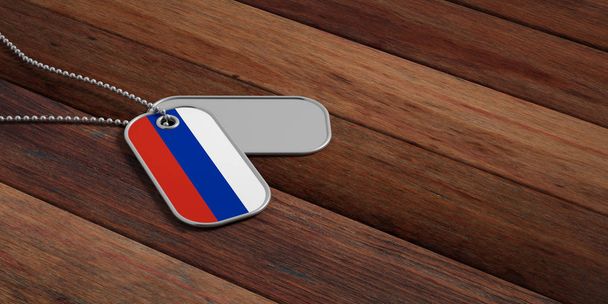 Ρωσία στρατός έννοια, Ρωσία σημαία αναγνώρισης ετικέτες σε ξύλινο υπόβαθρο. 3D απεικόνιση - Φωτογραφία, εικόνα