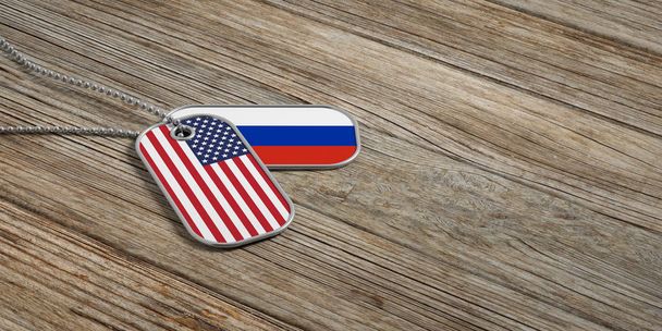 USA i Rosja wojskowych stosunków, identyfikacja Tagi na podłoże drewniane. ilustracja 3D - Zdjęcie, obraz