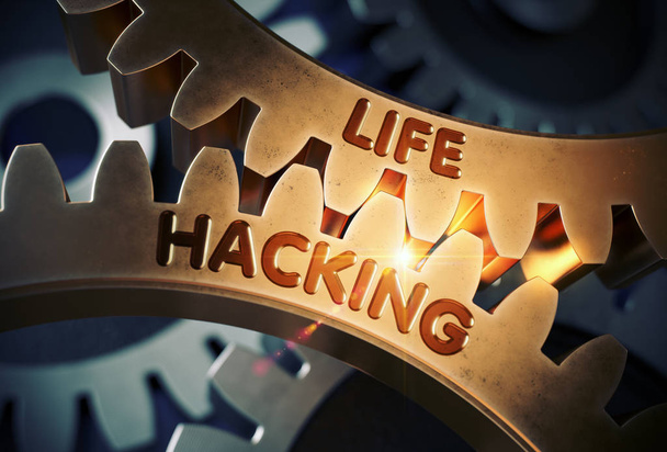 goldene Zahnräder mit Life-Hacking-Konzept. 3D-Illustration. - Foto, Bild