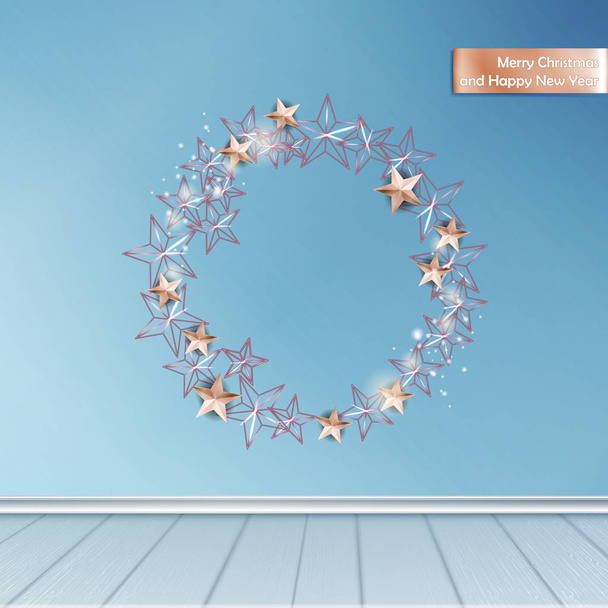 Christmas Background with Christmas Wreath of Cutout Shining Gold Stars - Vector, imagen