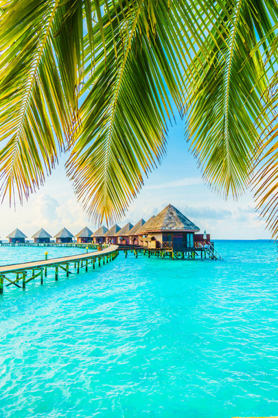 美しい熱帯のモルディブ リゾート ホテルとビーチと休日休暇の背景概念のために空に海の島-の色を高める処理 - 写真・画像