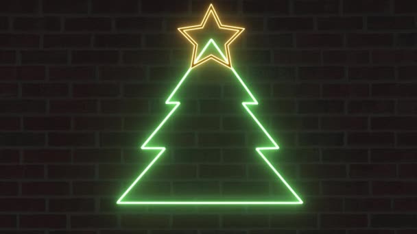 Neon kerstboom neon zingen banner met ster zachte knipperen en flikkering op bakstenen muur achtergrond - nieuw kwaliteit technologie dynamische kleurrijke vakantie video-opnames - Video