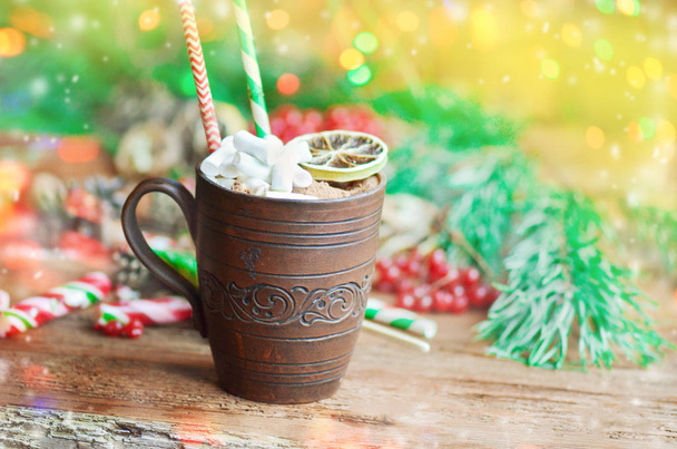 Какао на зимовому різдвяному фоні
 - Фото, зображення