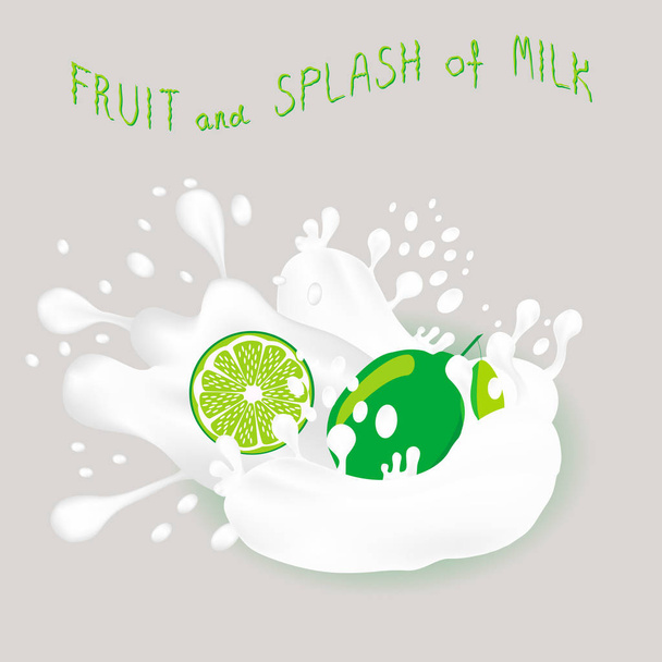 Abstract vector icon illustration logo for whole ripe fruit green citrus lime, splash of drop white milk. Lime pattern consisting of splashes drip flow liquid Milk. Eat citrus fruits limes in milks. - Vector, Image