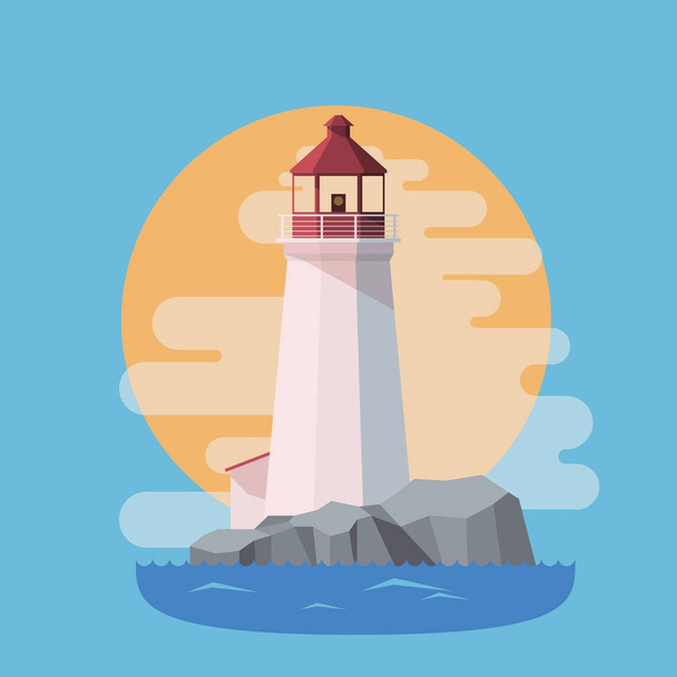 Lighthouse in the sea with sunset in the evening. Flat vector style. - Vektor, obrázek