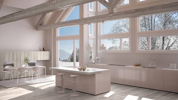 Moderne keuken in een klassieke villa, loft, grote panoramische ramen op  - Foto, afbeelding