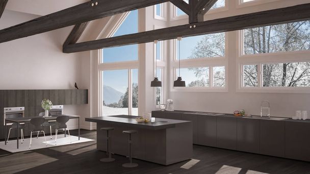 Современная кухня на классической вилле, чердак, большие панорамные окна на
  - Фото, изображение