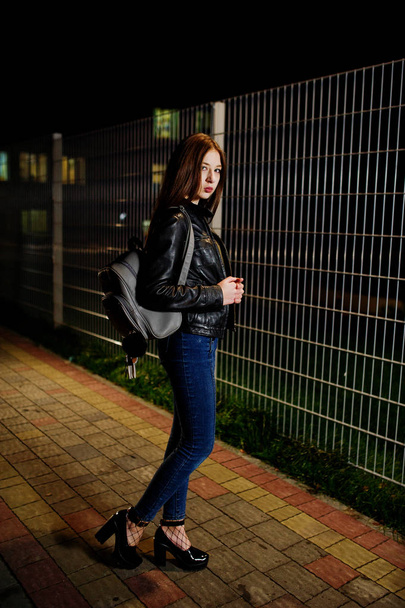 Night portrait of girl model wear on jeans and leather jacket ag - Foto, Imagen