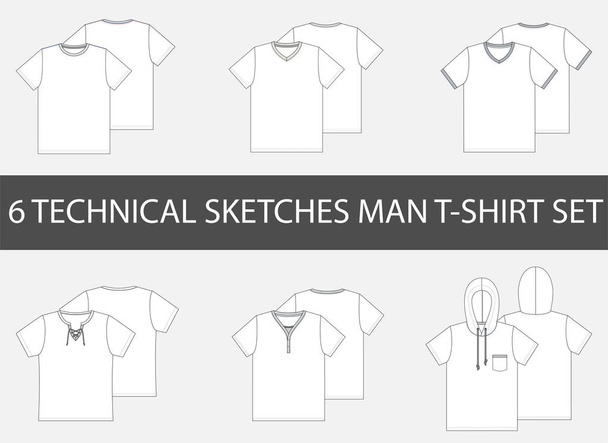 6 Fashion technical sketches of men's T-Shirt in vector. - Vector, Image