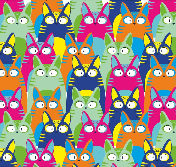 Drawings of bright funny cats that sit in rows. Suitable for children's products. Perfect for greeting cards, wallpaper, gift paper, web, textile, background, winter decorations. - Vektor, Bild
