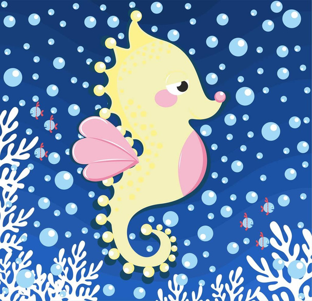 Figure seahorse against the background of the seabed and bubbles. Perfect for greeting cards, wallpaper, gift paper, web, textile, background. - Διάνυσμα, εικόνα