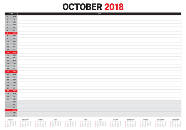 Outubro 2018 planejador calendário vetor ilustração
 - Vetor, Imagem
