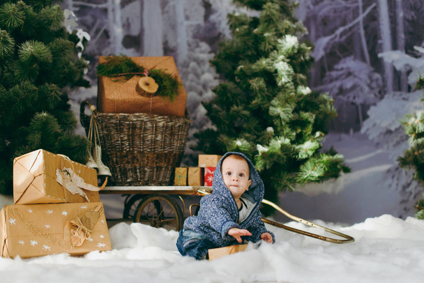 Веселый счастливый милый маленький мальчик в украшенном лесу с fi
 - Фото, изображение