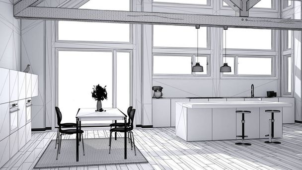 Projeto inacabado de cozinha moderna em villa clássica, loft, grande
 - Foto, Imagem