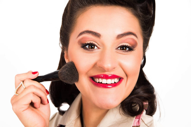 Happy woman face with a brush for powder - Photo, Image