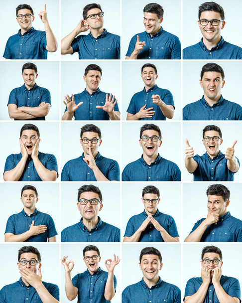 Set of young man's portraits with different emotions and gesture - Фото, зображення